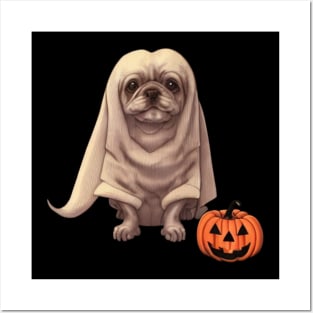 Spooky Halloween Ghost Puppy Fluffy French Bulldog Puppy with Pumpkin Posters and Art